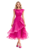 Elegant Organza Pleated Waist Ruffle Midi Dress