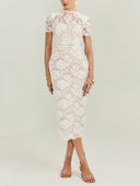 Elegant Floral Lace Belted Midi Dress