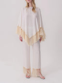 Elegant Fringe Trim Poncho Top & Straight Leg Pants Two-Piece Set