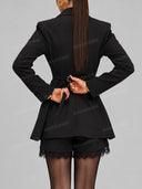 Elegant Lapel Blazer & Lace Trim Shorts Two Piece Set