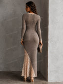 Sexy Lace Panel V-Neck Bodycon Maxi Dress