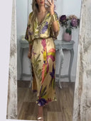Retro Parrot And Palm Leaf Print Two-Piece Set