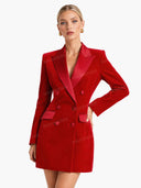Exquisite Deep Red Double-Breasted Velvet Blazer Mini Dress
