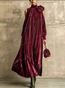Pleated Velvet Cold Shoulder Floral Maxi Dress