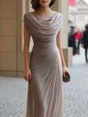 Elegant Draped Mock Neck Pleated Chiffon Maxi Dress