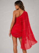Sexy One-Shoulder Draped Cape Bodycon Mini Dress