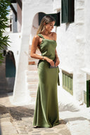 Elegant One-Shoulder Ruched Satin Maxi Dress