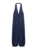 Relaxed Deep V-Neck Pleated Wide Leg Jumpsuit