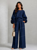 Elegant Floral Long-Sleeve Top and Wide-Leg Pants Two-Piece Set