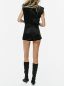Minimalist Mock Neck Shoulder Pad Belted Romper