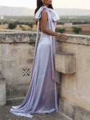 Elegant Bow Shoulder Satin A-Line Maxi Dress