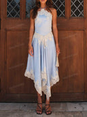 Elegant Convertible Lace Trim Halter Maxi Dress