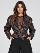 Faux Leather Belted Tailored Jacket