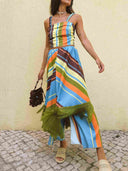 Colorful Striped Crop Top & Fringe Skirt Two-Piece Set