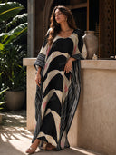 Retro Puzzle Print Kimono Beach Maxi Dress