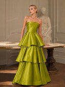 Elegant Strapless Tiered Ruffle Satin Maxi Dress