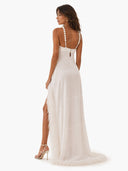 Elegant Pearl Halter Feather Trim Backless Maxi Dress