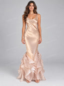 Elegant Satin Mermaid Ruffle Hem Maxi Dress