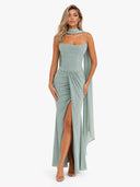 Portia Jade Crepe Strapless Maxi Dress With Detachable Georgette Cape