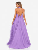 Elegant Halter Neck Sleeveless Feather Trim Satin Maxi Dress