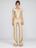Elegant Metallic Top & Flare Pants Two Piece Set