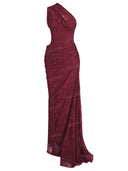 Elegant One-Shoulder Lace Draped Maxi Dress