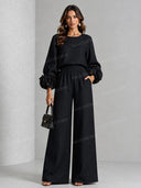 Elegant Floral Long-Sleeve Top and Wide-Leg Pants Two-Piece Set