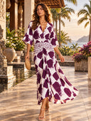 Casual Abstract Plaid Print Kimono Sleeve Maxi Dress