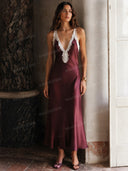 Elegant Satin Lace-Trim Deep V-Neck Midi Dress