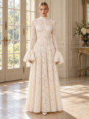 Elegant High Neck Floral Lace Flare Sleeve Maxi Dress