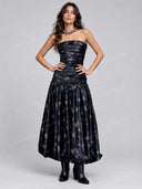 Elegan Strapless Floral Ruched Drop Waist Maxi Dress