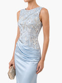 Elegant Blue Embroidery Satin Crew Neck Sleeveless Sheath Maxi Dress