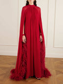 Exquisite Feather Trim Chiffon Cape Maxi Dress