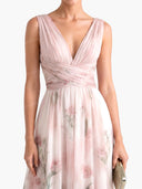 Elegant V-Neck Floral Print Tulle Maxi Dress