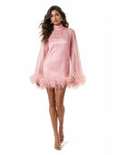 Elegant Feather Trim Sheer Sleeve Party Mini Dress