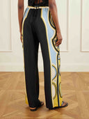 Retro Geometric Print Tassel Trim Asymmetric Top & Pants Two-Piece Set