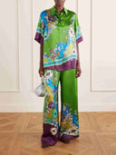Retro Colorful Floral Print Satin Two-Piece Set