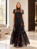 Casual Tie-Neck Multi-Layer Printed Maxi Dress