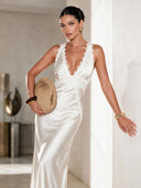 Exquisite Modern Day Glam Satin Lace Trim V-neck Cross Back Maxi Dress