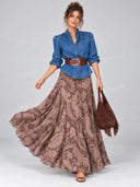 Boho Ruffle Neck Denim Top & Paisley Maxi Skirt Set
