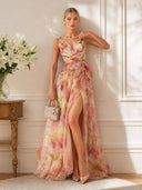 Elegant Abstract Print V-Neck Tie-Waist Maxi Dress