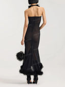 Sexy Feather Trim Sheer Ruched Maxi Dress