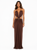 Sexy Metal Chain Cut-Out Backless Lace-Up Draped Maxi Dress