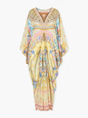 Retro Colorful Floral Print Silk-Feel Kaftan Maxi Dress