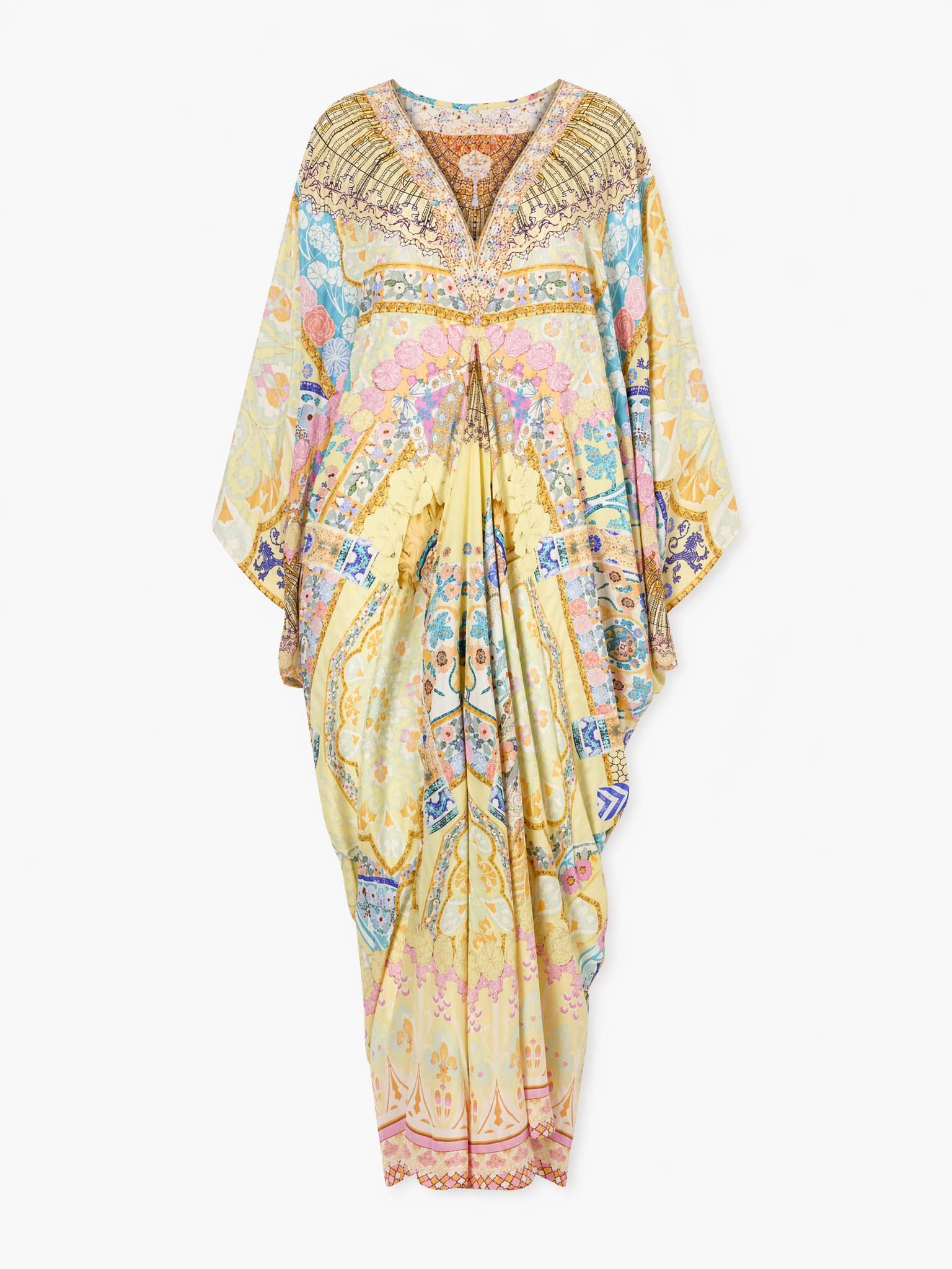Retro Colorful Floral Print Silk-Feel Kaftan Maxi Dress