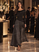 Draped Neck Long Sleeve Pleated Maxi Dress