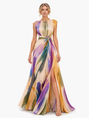 Elegant Abstract Watercolor Print Ruched Waist Maxi Dress