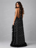 Elegant Polka Dot Halter Feather Trim Maxi Dress