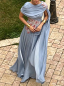 Elegant Draped Floral Applique Cape Chiffon Maxi Dress
