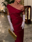 Elegant Burgundy One-Shoulder Draped Satin Maxi Dress